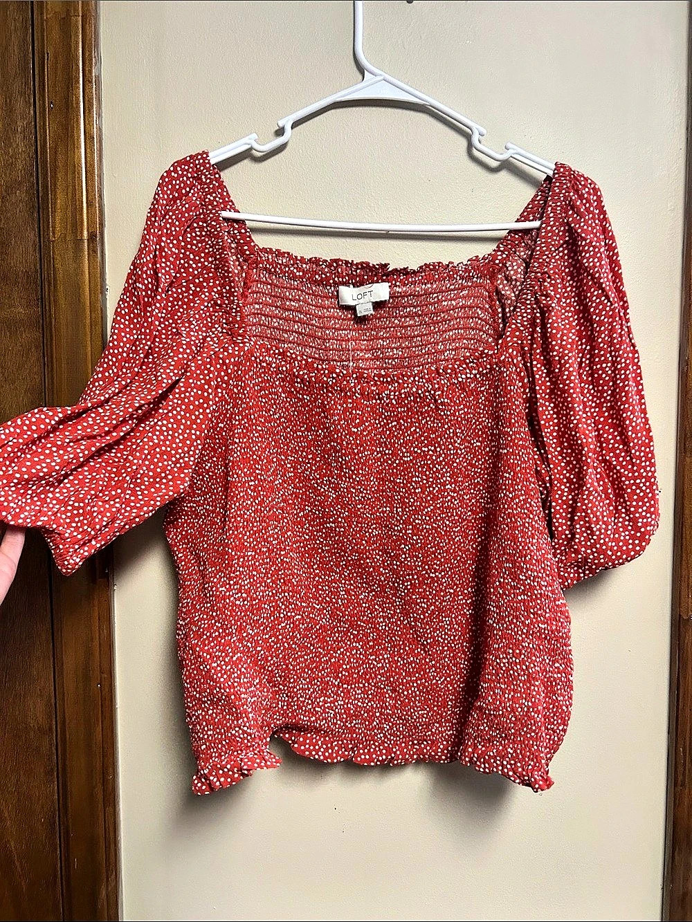 LOFT Smocked Puff Sleeve Top Polka Dot Blouse Red & White XL